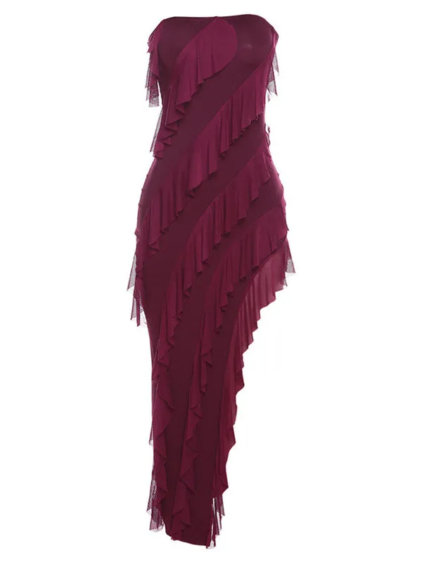 Momnfancy Elegant Wine Red Layers Of Falbala Thigh High Side Slits Bodycon Maternity Babyshower Maxi Dress