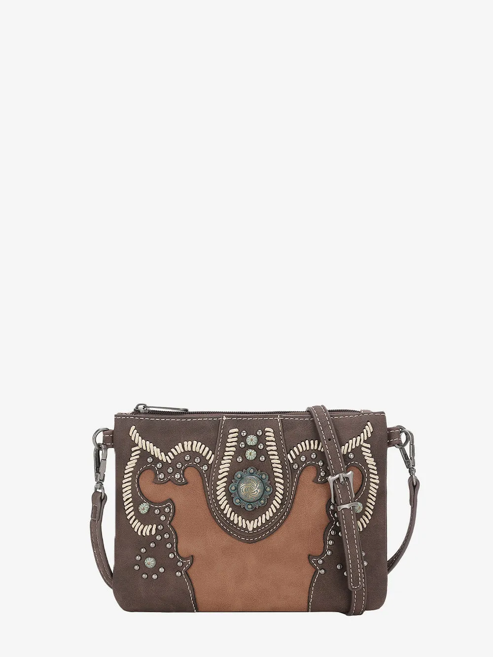 Montana West Embroidered Cut-out Boot Scroll Concho Crossbody Clutch