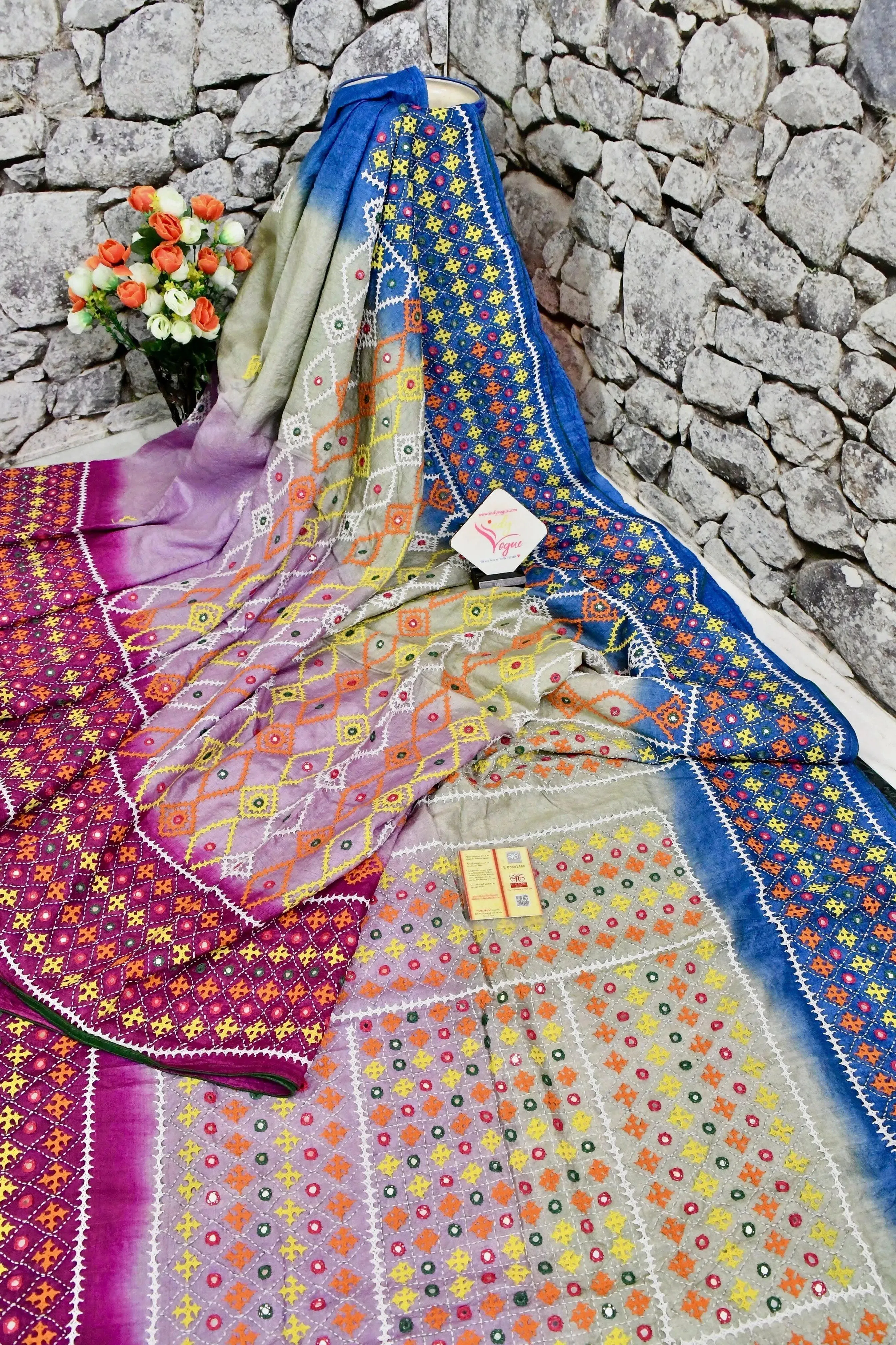 Multicolor Pure Gachi Tussar with Dye Work and Allover Kantha Embroidery and Gujrati Mirror Work