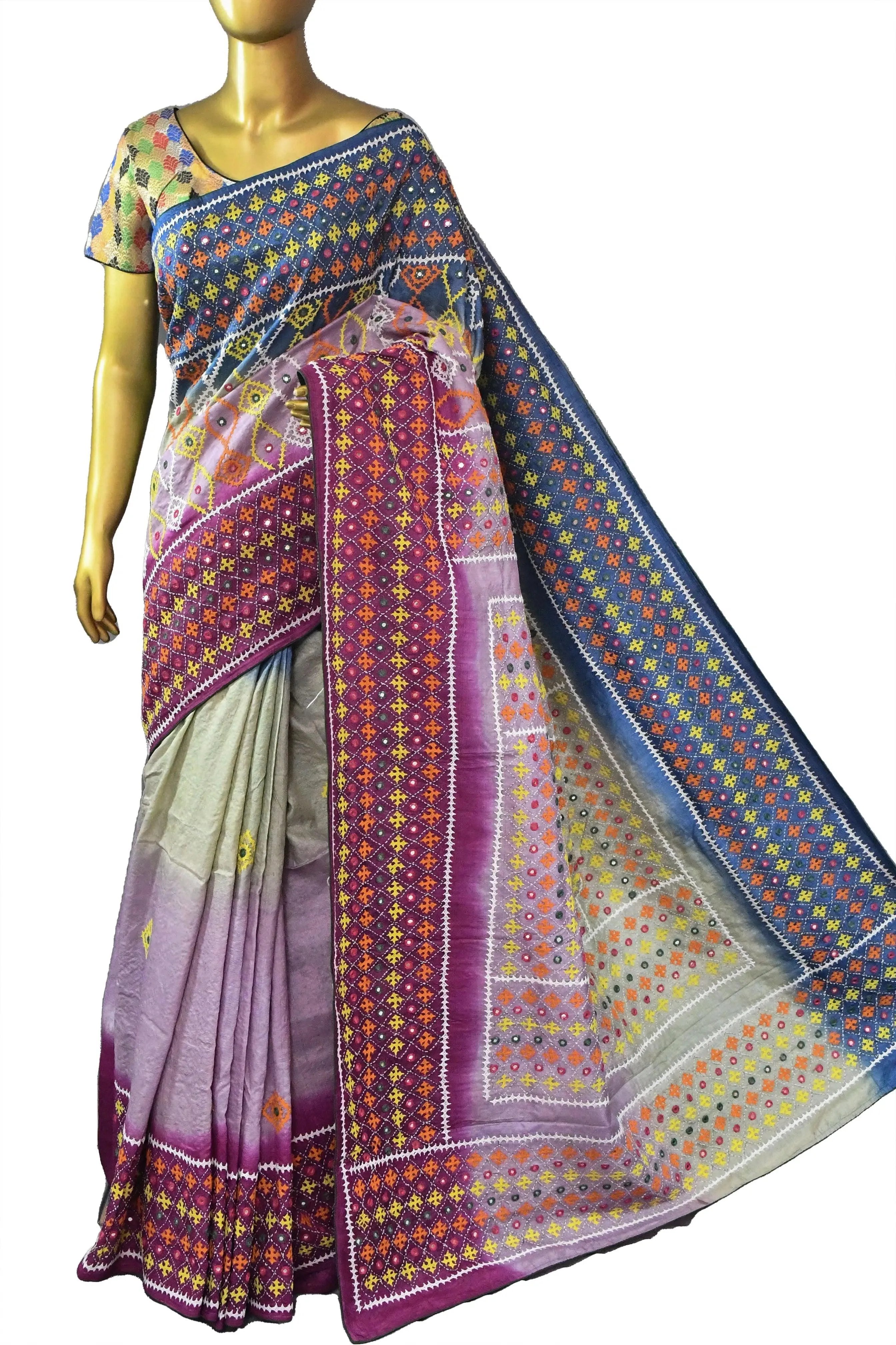 Multicolor Pure Gachi Tussar with Dye Work and Allover Kantha Embroidery and Gujrati Mirror Work