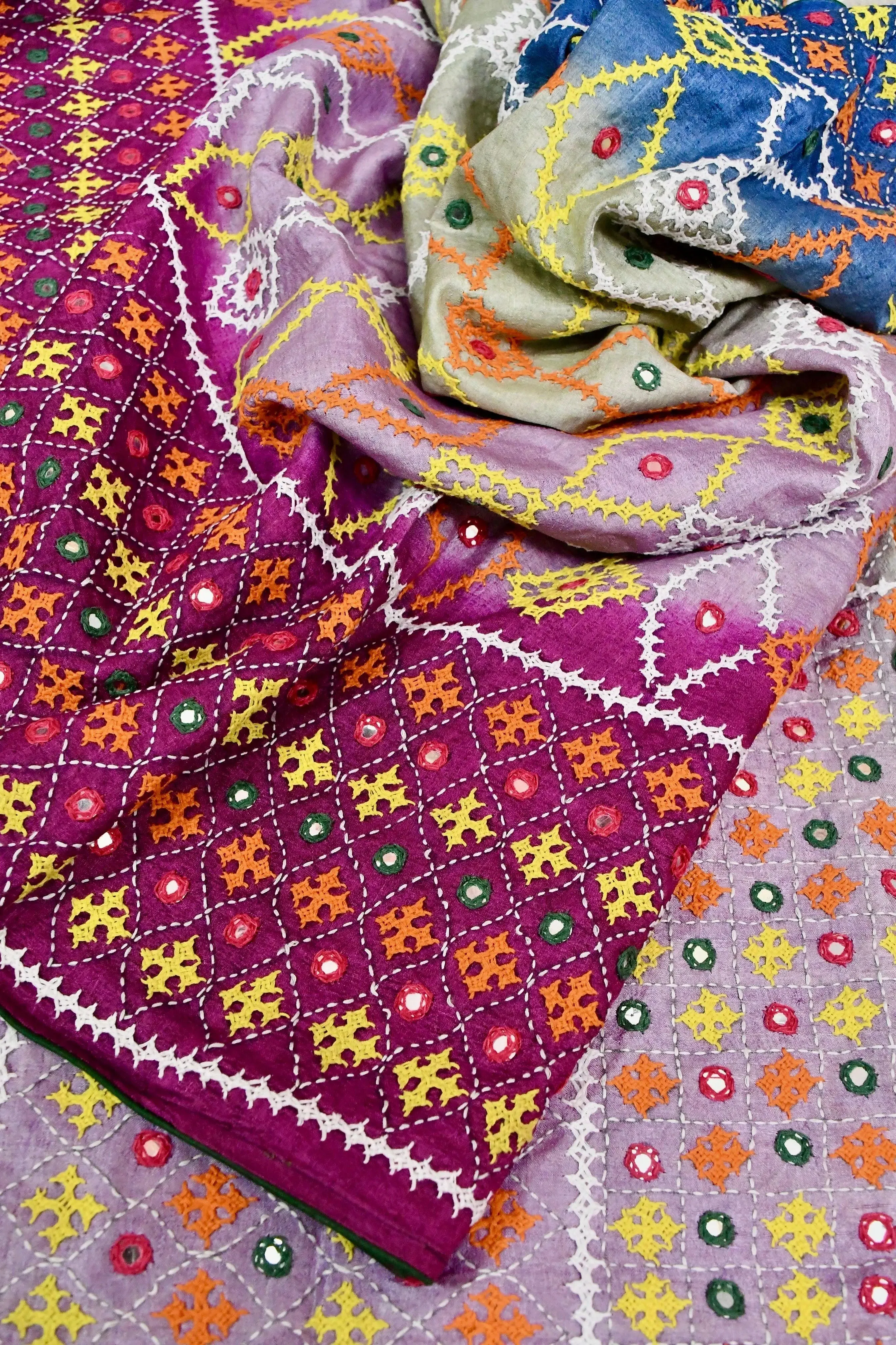 Multicolor Pure Gachi Tussar with Dye Work and Allover Kantha Embroidery and Gujrati Mirror Work