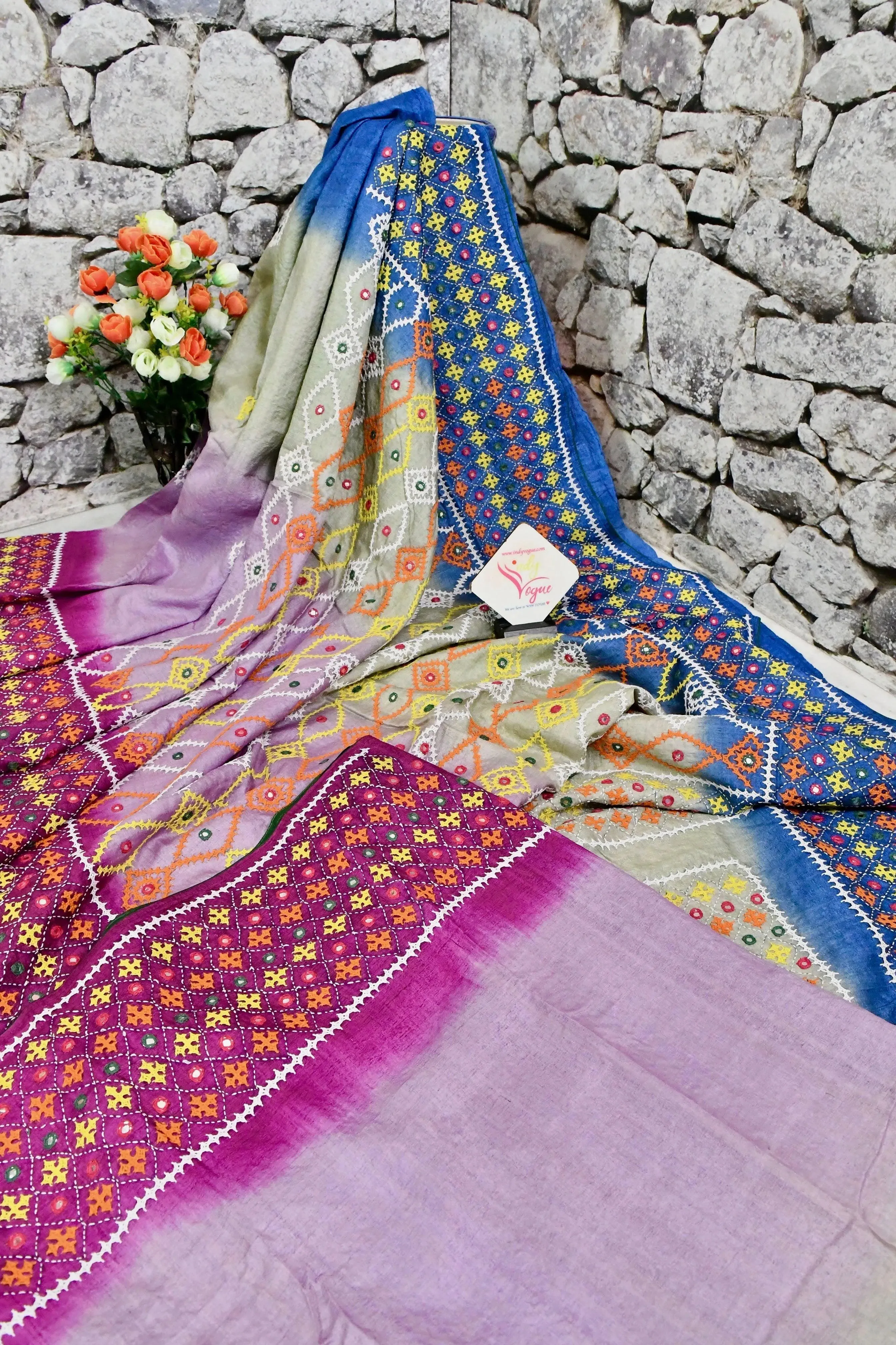 Multicolor Pure Gachi Tussar with Dye Work and Allover Kantha Embroidery and Gujrati Mirror Work