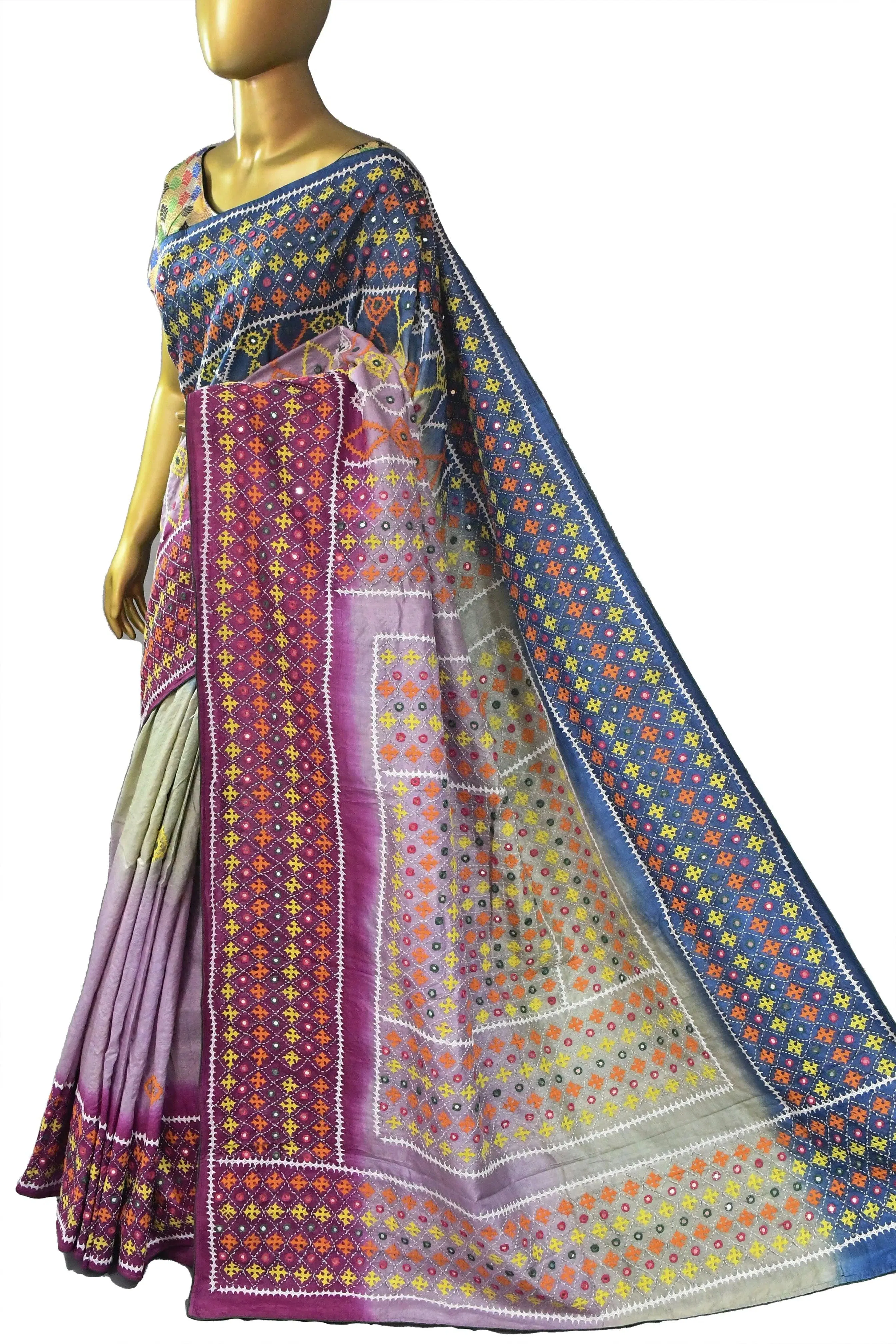 Multicolor Pure Gachi Tussar with Dye Work and Allover Kantha Embroidery and Gujrati Mirror Work