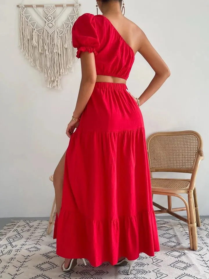 One shoulder puff sleeve crop top & split thigh skirt in red