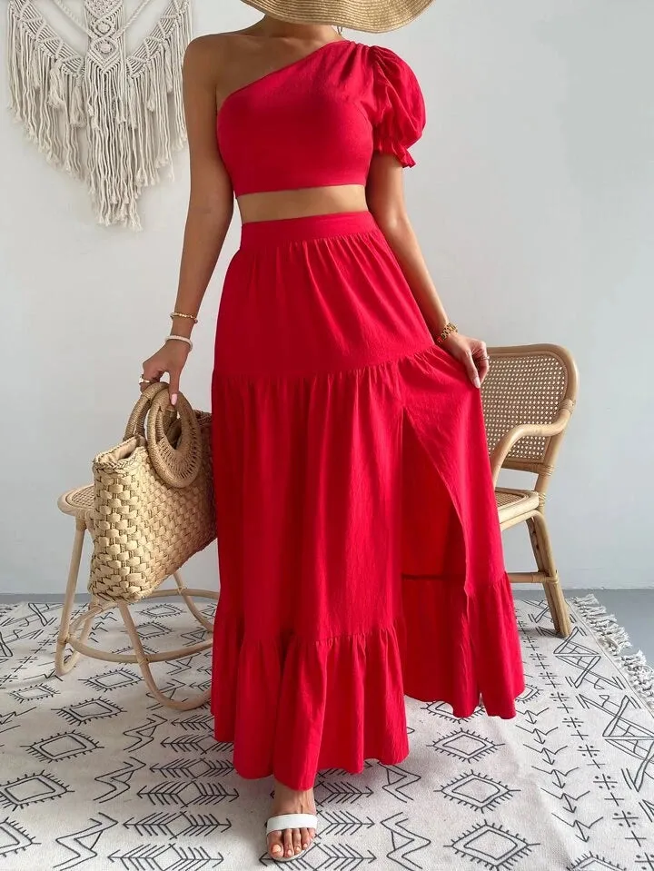 One shoulder puff sleeve crop top & split thigh skirt in red