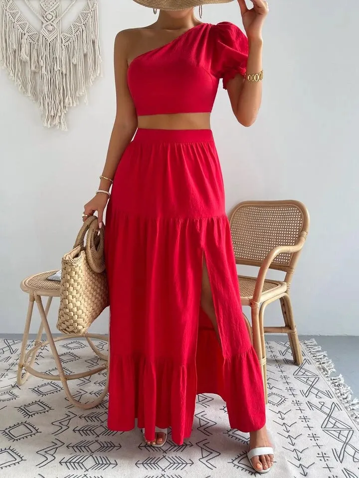 One shoulder puff sleeve crop top & split thigh skirt in red