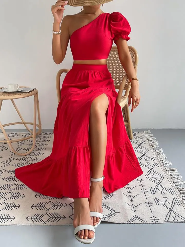 One shoulder puff sleeve crop top & split thigh skirt in red