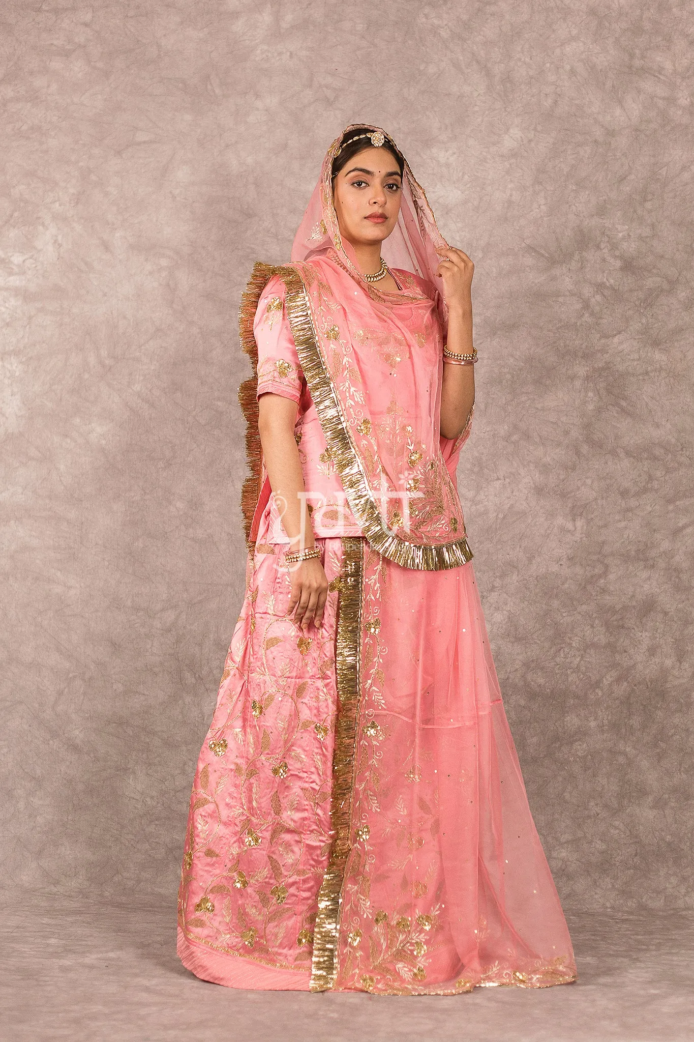 Peach Bamber Satin Aari sequins work Poshak