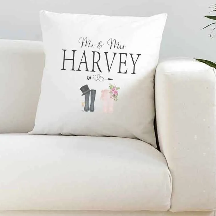 Personalised Mr & Mrs Wellington Boot Wedding Super Soft Cushion Cover