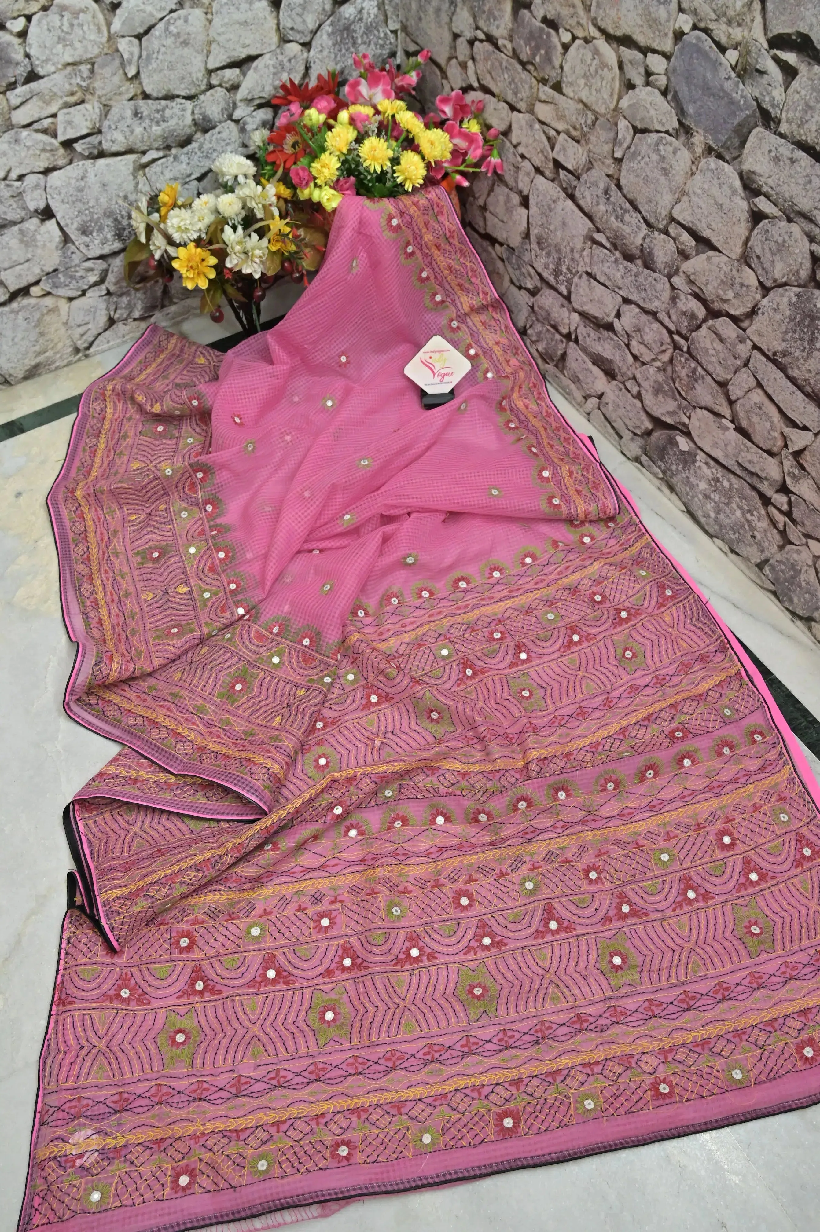 Pink Color Resham Kota Saree with Hand Lambani Work and Mirror Work