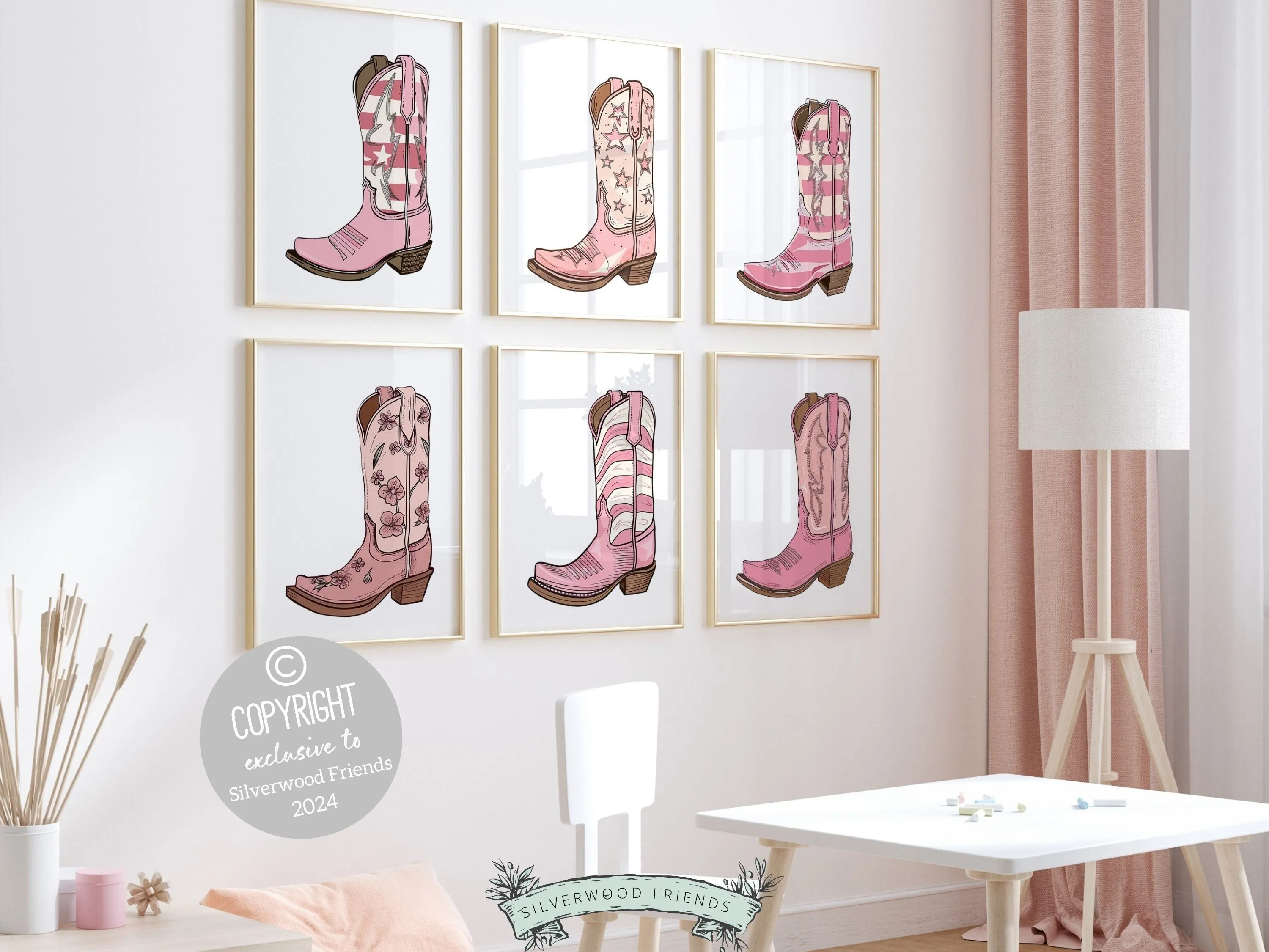 Pink Cowgirl Boot Prints - Set of 6