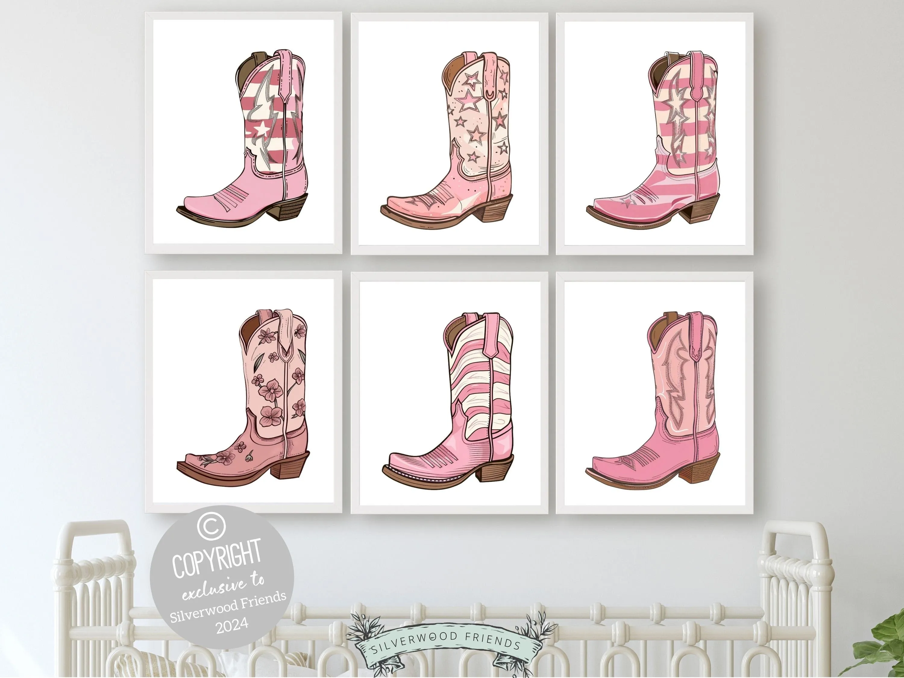 Pink Cowgirl Boot Prints - Set of 6