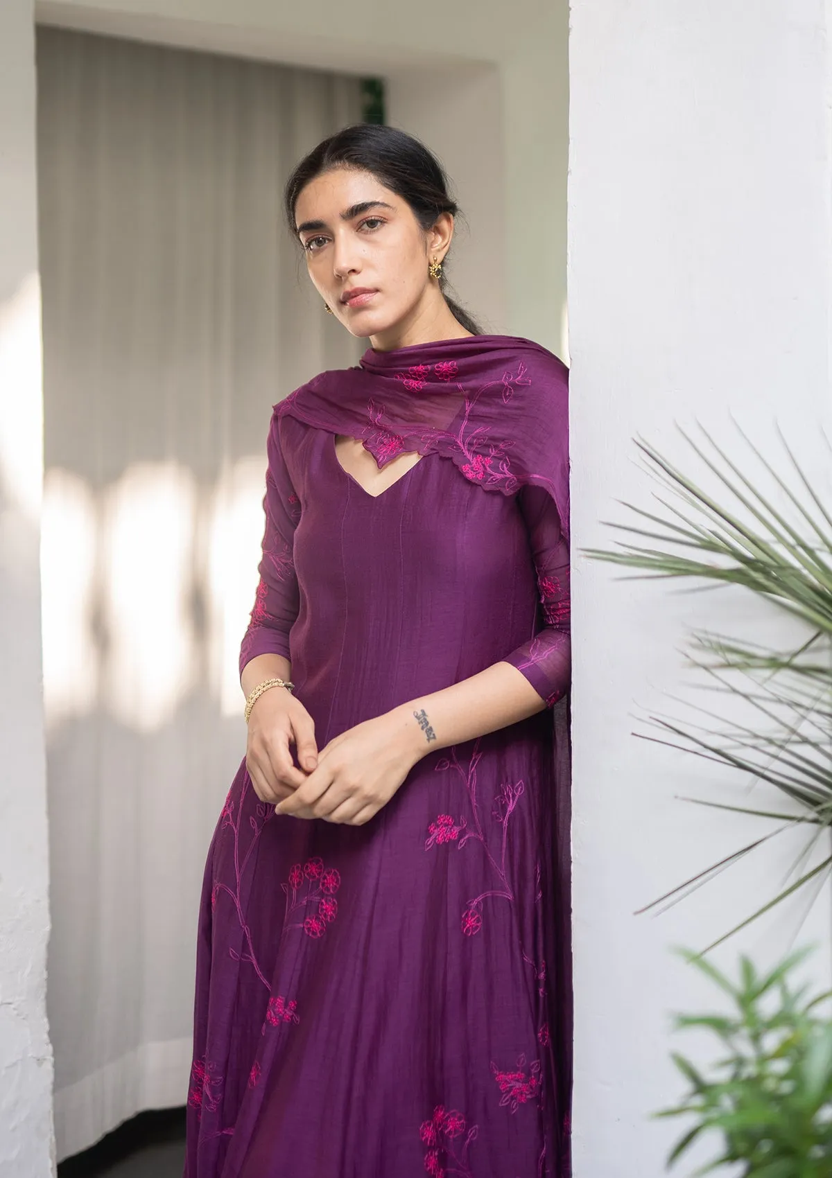 Plum Aari Work Kurta Set