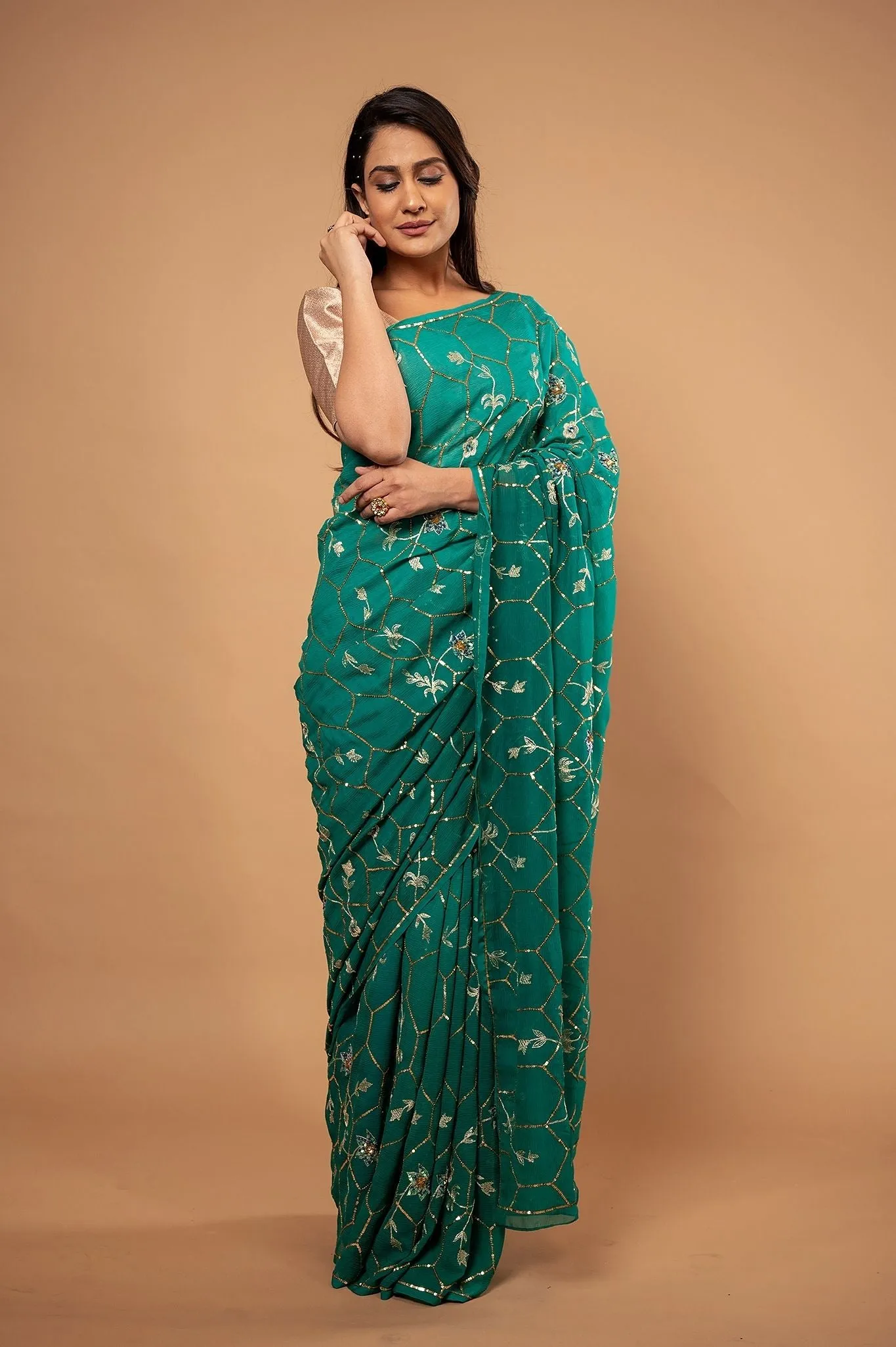 Pure Chiffon Aari Siquin Work Saree