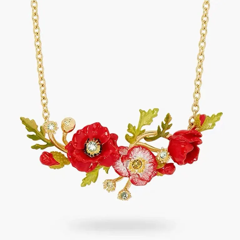 Red Poppies and Snow Lotus Flower Necklace-i7bag