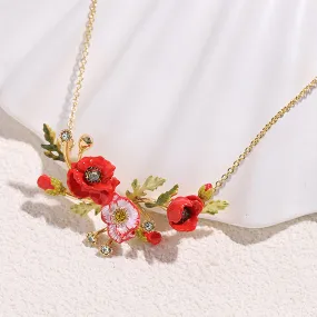 Red Poppies and Snow Lotus Flower Necklace-i7bag