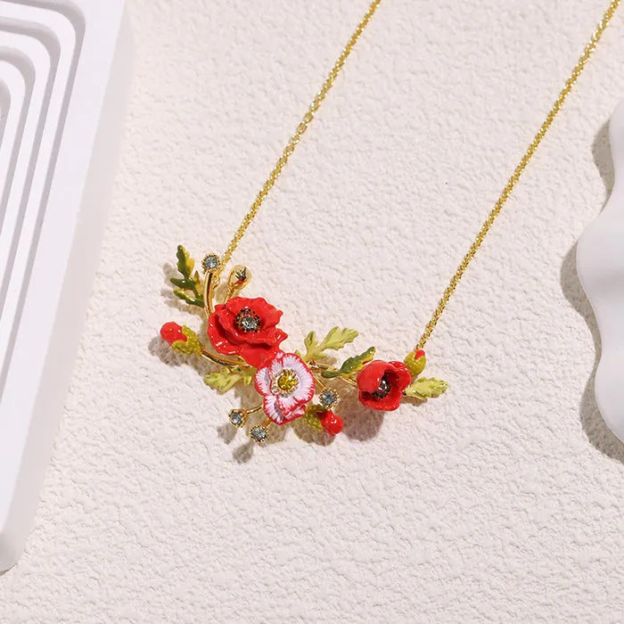 Red Poppies and Snow Lotus Flower Necklace-i7bag