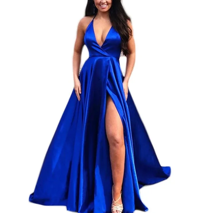 Spaghetti Strap Deep Plunge Thigh Split Maxi Prom Dress