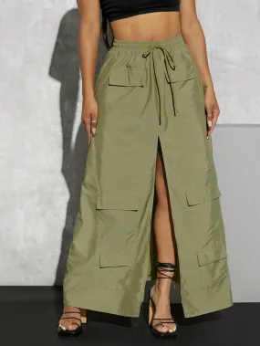 Split Thigh Drawstring Waist Cargo Skirt