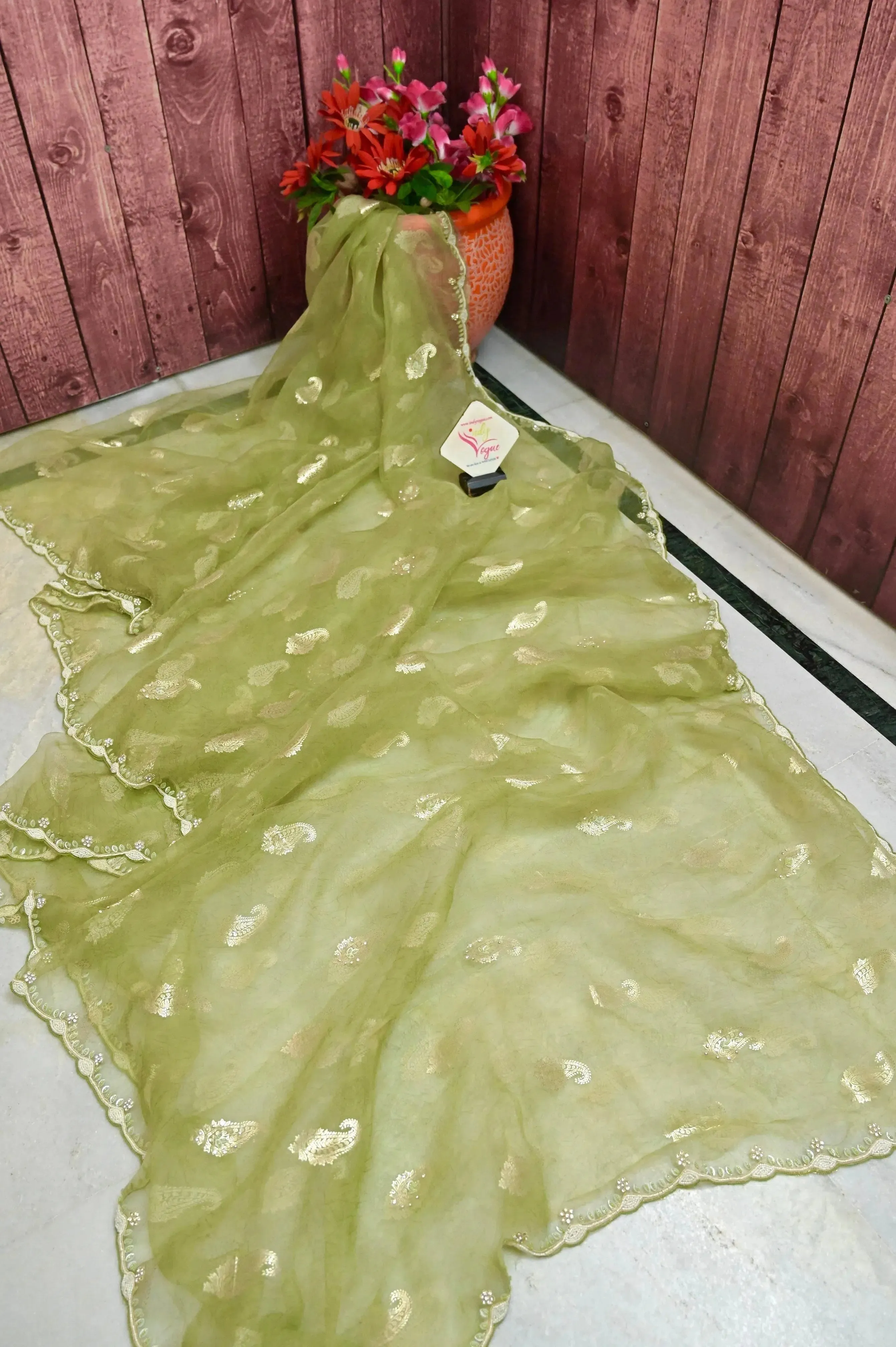 Tea Green Color Organza Saree with Foil Print Work and Pearl Embroidery with Sequin Work