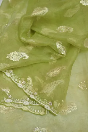 Tea Green Color Organza Saree with Foil Print Work and Pearl Embroidery with Sequin Work